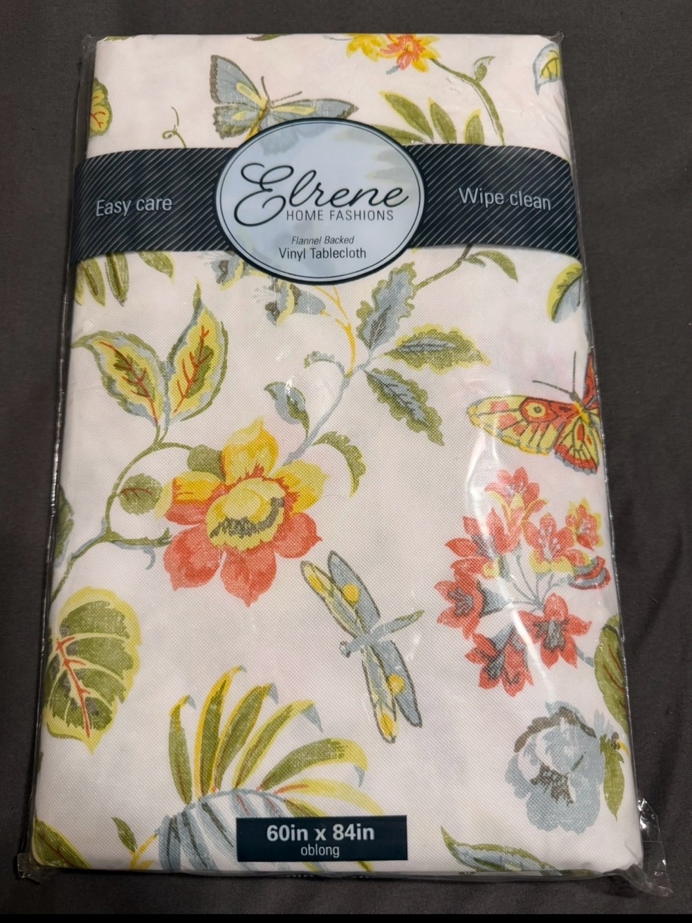 Elrene Floral Vinyl Tablecloth Butterflies & Dragonflies - White Background NEW